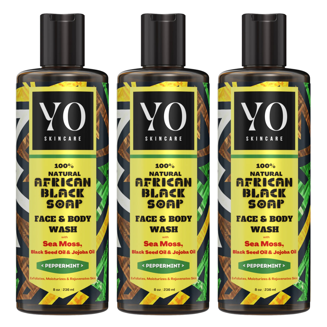 3 PACK - African Black Soap with Sea Moss, Black Seed &amp; Jojoba Oil, Face &amp; Body Wash, Peppermint, 24 oz