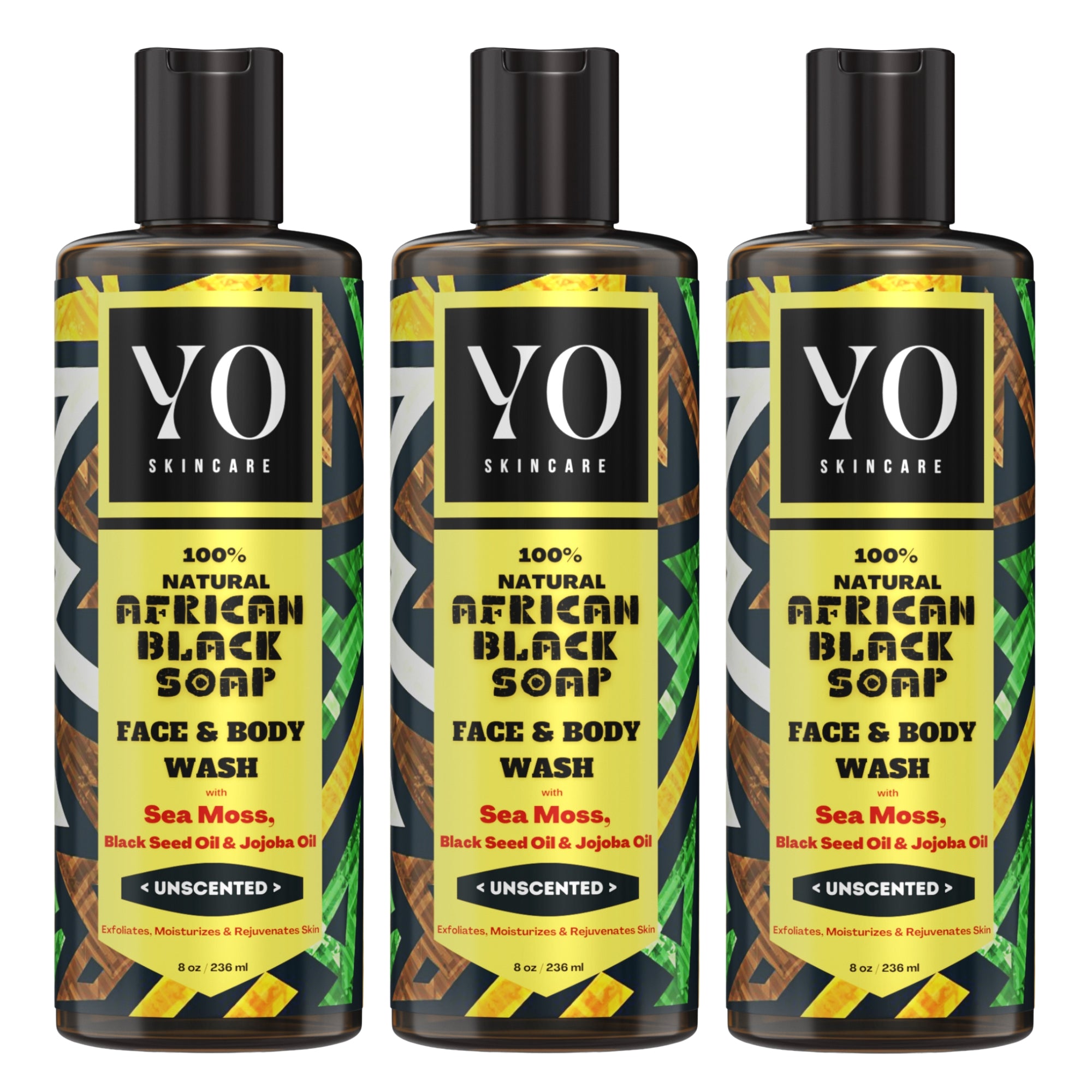 3 PACK - African Black Soap with Sea Moss, Black Seed & Jojoba Oil, Face & Body Wash, Unscented, 24 oz