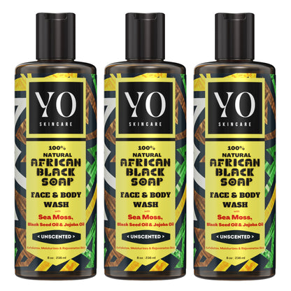 3 PACK - African Black Soap with Sea Moss, Black Seed &amp; Jojoba Oil, Face &amp; Body Wash, Unscented, 24 oz