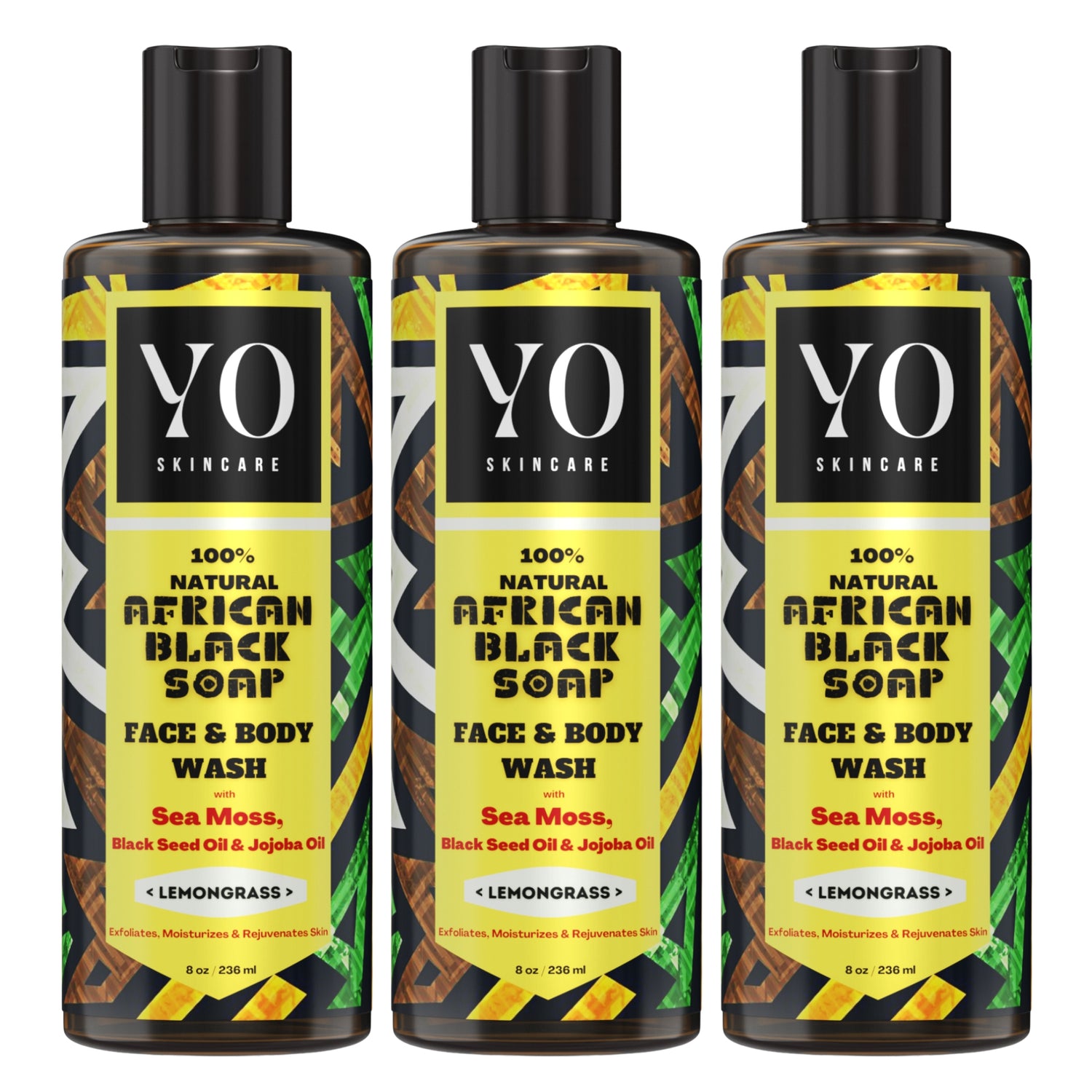 3 Pack - African Black Soap with Sea Moss, Black Seed &amp; Jojoba Oil, Face &amp; Body Wash, Lemongrass, 24 oz