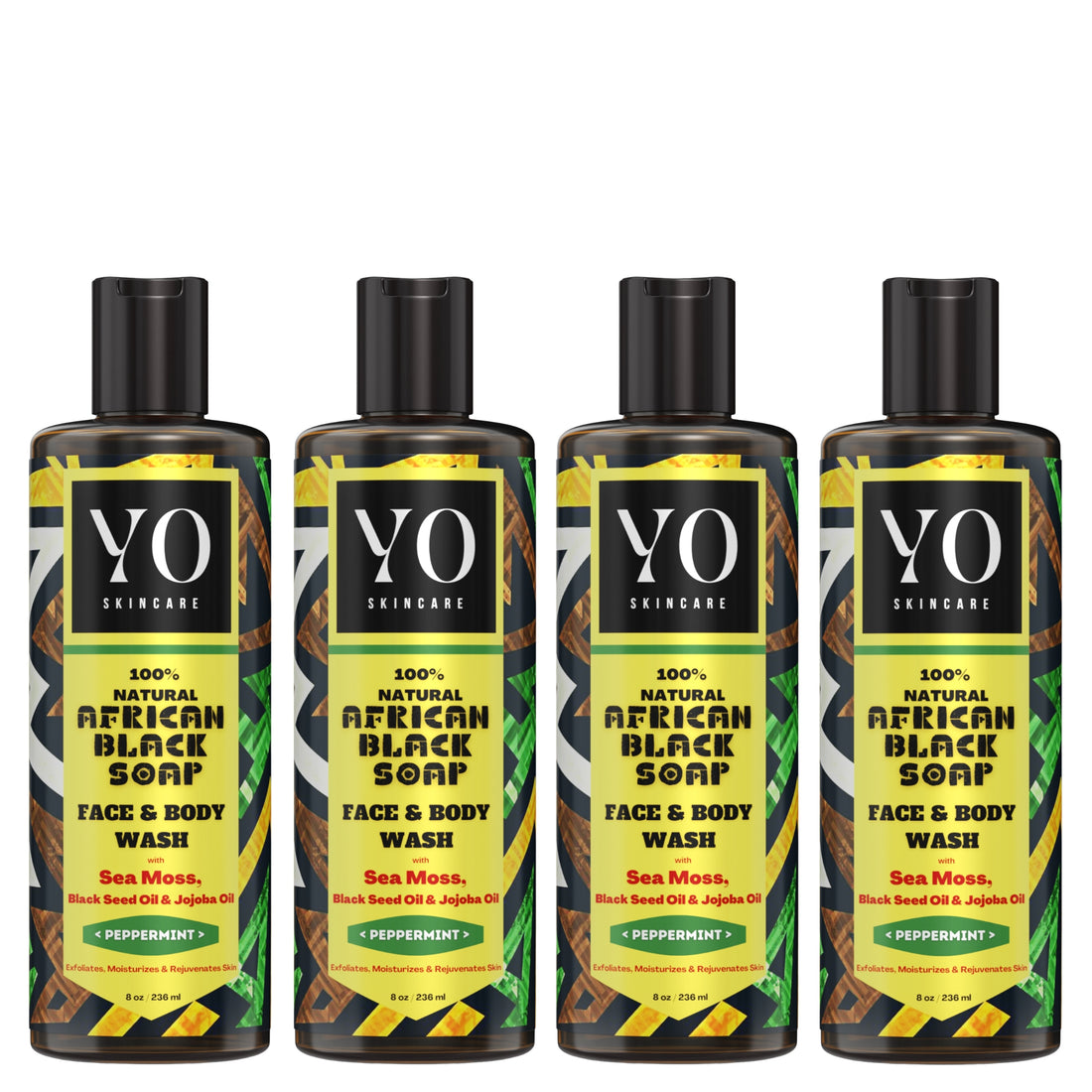 4 PACK - African Black Soap with Sea Moss, Black Seed &amp; Jojoba Oil, Face &amp; Body Wash, Peppermint, 32 oz