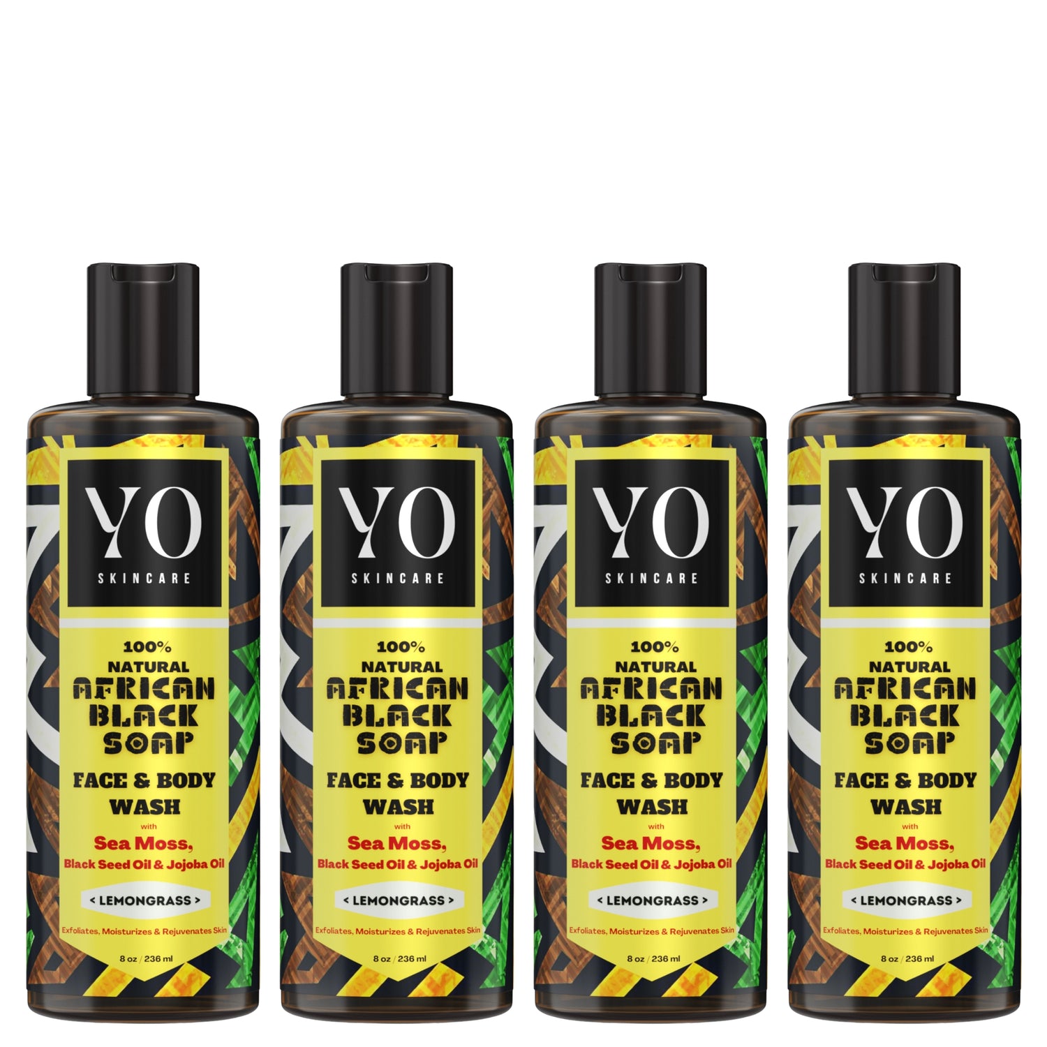 4 PACK - African Black Soap with Sea Moss, Black Seed &amp; Jojoba Oil, Face &amp; Body Wash, Lemongrass, 32 oz